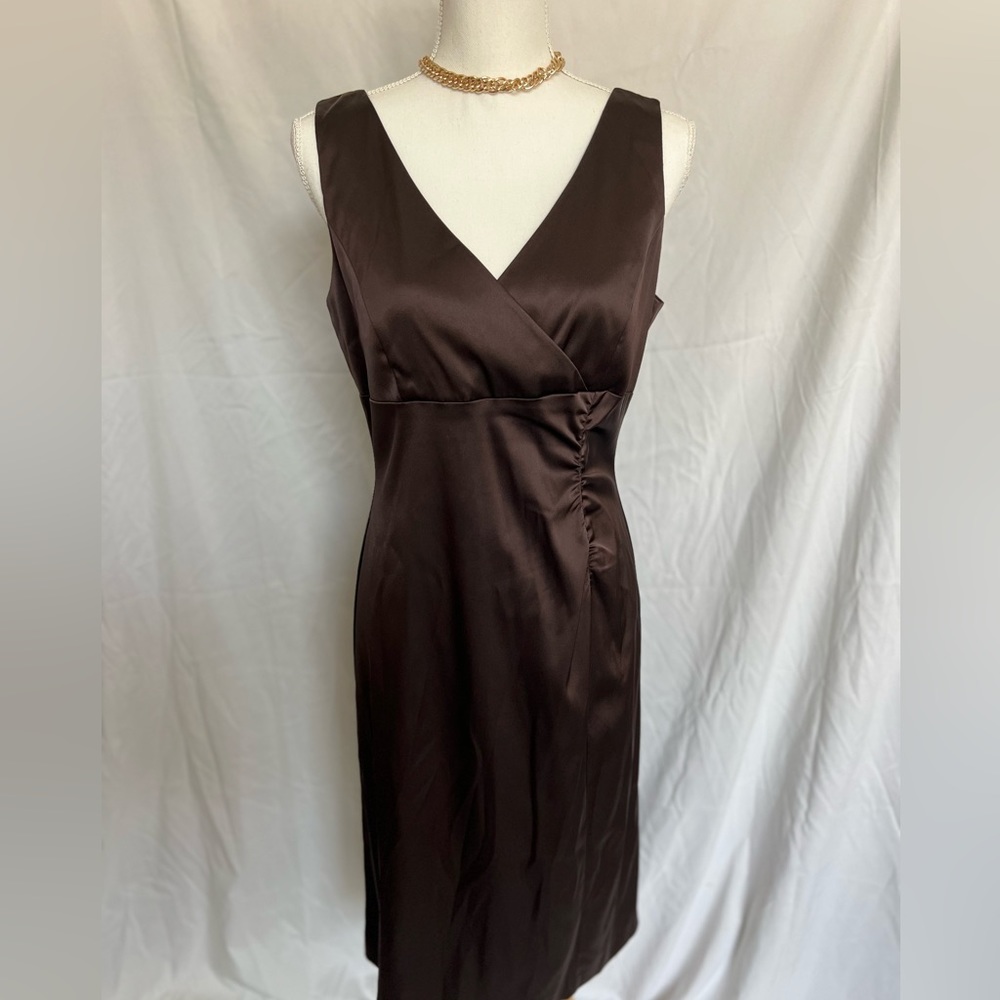 Donna Ricco Chocolate Brown Satin Sleeveless Dress (8)